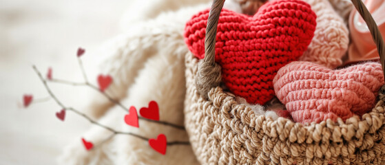 Hand-crafted red and pink crochet hearts in a woven basket with heart-shaped twigs, creating a cozy and warm atmosphere, ideal for DIY craft tutorials, Valentine's Day gift ideas, or home decor - obrazy, fototapety, plakaty