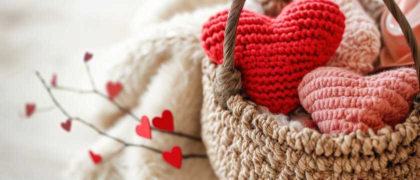 Hand-crafted red and pink crochet hearts in a woven basket with heart-shaped twigs, creating a cozy and warm atmosphere, ideal for DIY craft tutorials, Valentine's Day gift ideas, or home decor