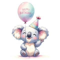Naklejka premium Cute Koala Birthday Celebration | Adorable Animal Party Happy Koala Bear Birthday | Wildlife-Themed Celebration Sweet Koala in Birthday Hat | Festive Animal Greeting Card