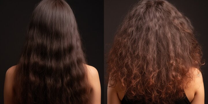 Woman's hair damage from heat and frizz on brown studio background, salon treatment with keratin before/after.