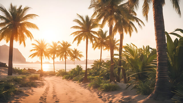Beautiful tropical beach with palm trees at sunset. Vintage filter.