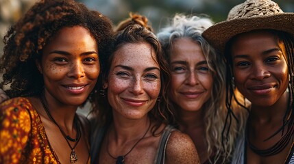 Fototapeta premium Diverse individuals embracing and grinning for a photo - Multicultural companions enjoying each other's company outside.