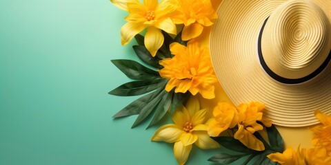 Summer background with straw hat and flowers