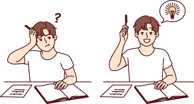 Progress schoolboy diligently doing assignments, sitting at school desk and becoming smarter thanks to quality education system. Stupid boy turns into smart boy after going to school