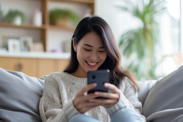 Fototapeta premium Happy asian woman looking at her smartphone screen in a living room