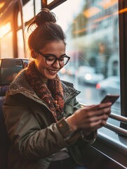 Joyful lady sending texts on cellphone during bus ride.