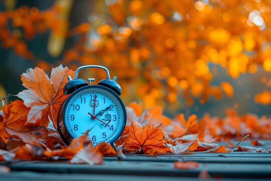 Autumn leaves surround an alarm clock on a wooden table, symbolizing the transition into Daylight Saving Time. Fall's beauty meets time change in a seasonal image.