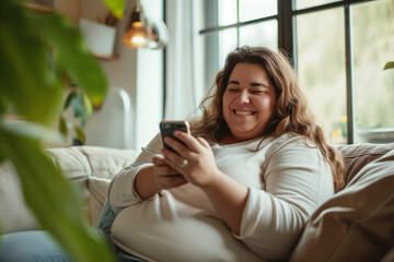 Happy plus-size caucasian woman looking at her smartphone screen in the living room.