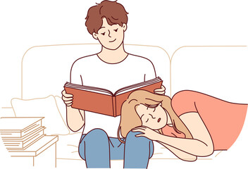 Woman sleeps on boyfriend lap, reading book sitting on couch and feeling safe thanks to relationship with friend. Romantic relationship girl and guy spending evenings together and enjoying life