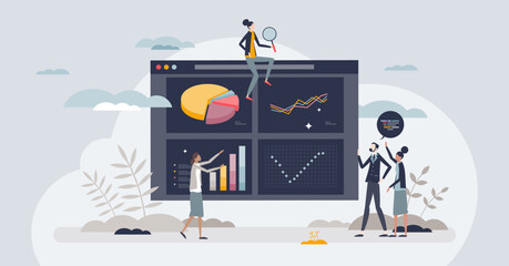 Business intelligence platforms with business analysis tiny person concept. Financial data and accounting information database program for company profit and revenue monitoring vector illustration.