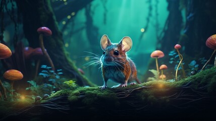 A mouse walks through the forest neon illustration Ai generated art - obrazy, fototapety, plakaty
