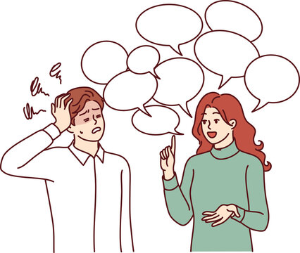 Chatty woman irritates man clutches head and does not want to listen to girl standing among speech bubbles. Guy is experiencing tension and discomfort due to chatty girlfriend spreading gossip.