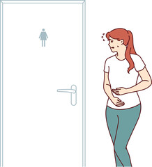 Woman suffering from diarrhea rushes to toilet standing near closed door due to stomach problems. Concept poor digestion causing diarrhea and need for help from gastroenterologist doctor