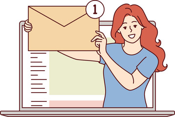 Email messages in hands of woman looking out laptop and holding large envelope. Girl encourages you to check your internet mail and reminds that there are unread emails with important information.
