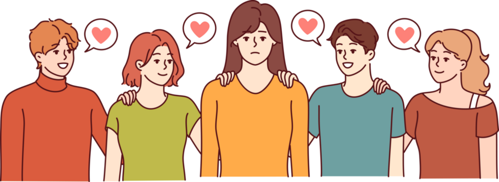 Friends console upset woman in need of moral support and help from loved ones after breaking up with boyfriend. Friends together support girl experiencing stress and depression due to job loss