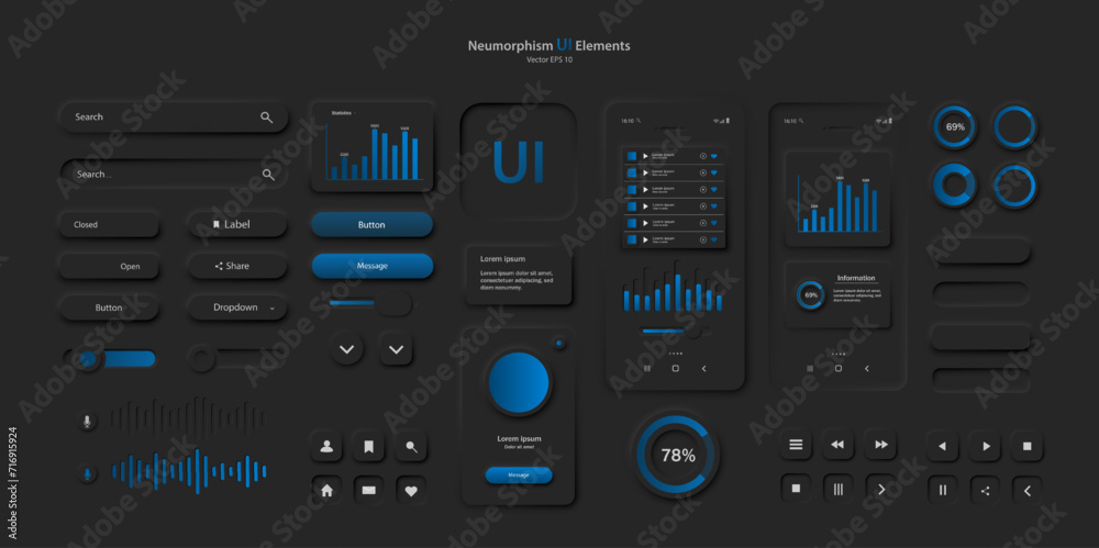 Poster a set of user interface elements for a mobile application in a dark style. user interface icons for 