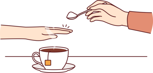Hand of person with diabetes and refusing sugar, covering cup of tea with palm to avoid increase in insulin. Avoiding sugar due to impact on diabetes and appearance of excess weight or skin problems
