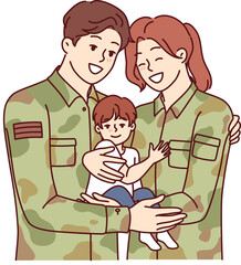 Man and woman in soldiers uniform are hugging holding little son in arms, for promotion of military and army professions. Happy couple soldiers love each other and celebrate family day.