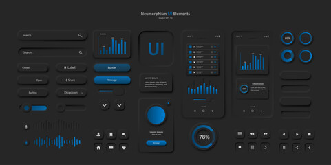 A set of user interface elements for a mobile application in a dark style. User interface icons for the internet, social networks, and business. Neomorphic UI UX design collection. Vector illustration - obrazy, fototapety, plakaty