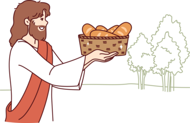 Jesus carries bread in basket, fulfilling biblical prediction from christian religion about second coming. Holy jesus wants to feed people and save starving catholic and orthodox believers