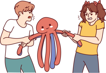 Children quarrel over toy and pull stuffed octopus in different directions, not wanting to compromise or share. Greedy boy quarrels with sister, refusing to share personal belongings