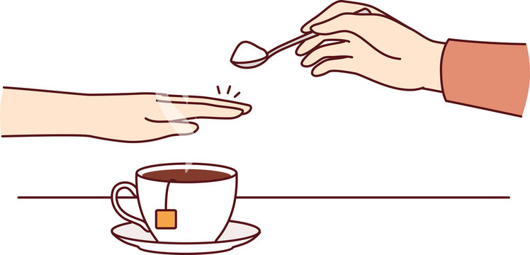 Hand of person with diabetes and refusing sugar, covering cup of tea with palm to avoid increase in insulin. Avoiding sugar due to impact on diabetes and appearance of excess weight or skin problems