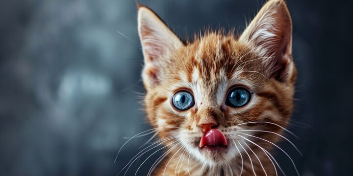 Amusing feline licks its lips. Close-up of a white and red kitty with stunning blue eyes gazing directly forward. Adorable famished cat. Professional image. Blank area for writing.