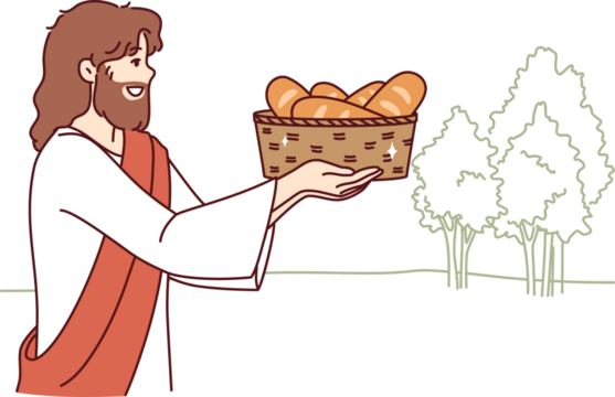 Jesus carries bread in basket, fulfilling biblical prediction from christian religion about second coming. Holy jesus wants to feed people and save starving catholic and orthodox believers