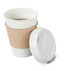 A disposable white paper coffee cup, a white plastic lid and sleeve made from cardboard. Black...