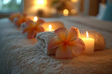 Cercles muraux Salon de beauté Tranquil Spa Setting, Frangipani Flowers on Towels, Aromatherapy Relaxation, frangipani flower in Spa, spa still life with candles