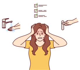 Woman with ocd syndrome clutches head for fear of contracting infection, stands near icons with faucet and door handle. Girl with ocd or obsessive compulsive disorder needs treatment from psychiatrist