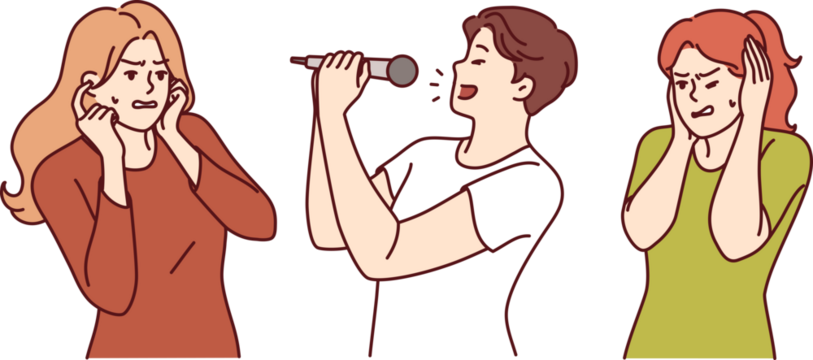 Man sings karaoke poorly due to lack of hearing or voice and forces women to cover ears. Singer holds microphone enjoying visit to karaoke club and annoys people experiencing discomfort.