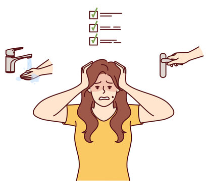 Woman with ocd syndrome clutches head for fear of contracting infection, stands near icons with faucet and door handle. Girl with ocd or obsessive compulsive disorder needs treatment from psychiatrist