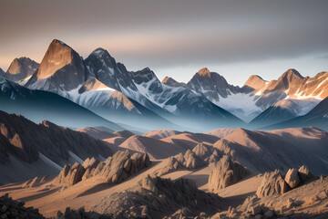 A rugged mountain range with rocky peaks and deep valleys - obrazy, fototapety, plakaty