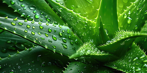 Dewy Aloe Vera Close-up. Macro wallpaper of fresh aloe vera leaves with water droplets. - obrazy, fototapety, plakaty