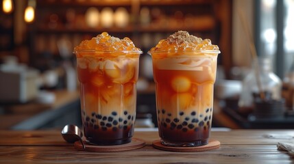 two pitchers of milky bubble tea with a small scoop, milky tea