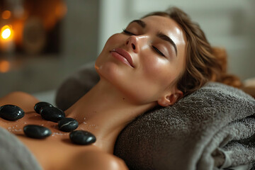 Spa Relaxation, Woman Enjoying Hot Stone Therapy, Candlelit Spa Ambiance