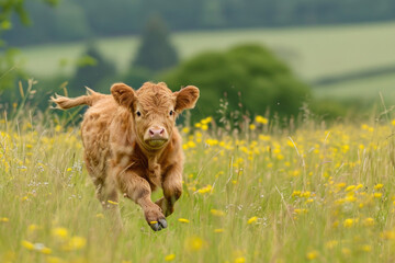 Obraz na płótnie Canvas Highland Cow Calf Frolicking in Scottish Meadows