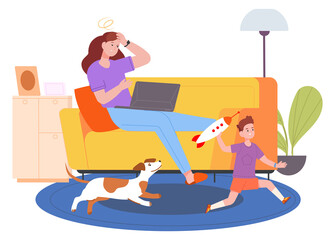 Stressful mother working from home in noisy house environment