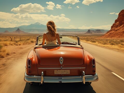 Woman sitting waiting in an old convertible from the 60s on the desert route. Vintage image.