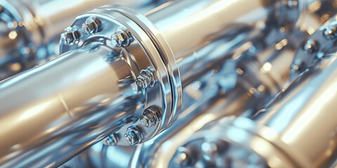 Industrial metal Pipeline Detail in Silver Tones. Close-up of silver industrial pipes with flange joints, banner background.