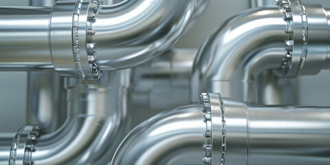 Industrial 3d Pipeline Detail in Silver Tones. Close-up of silver industrial pipes with flange joints, banner background.