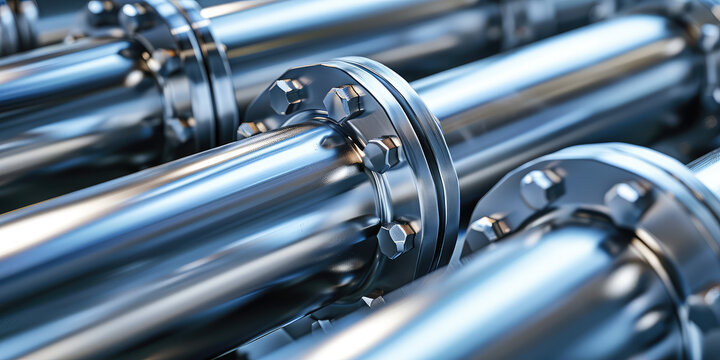 Industrial Pipeline Detail in Silver Tones. Close-up of silver industrial pipes with flange joints, banner background.