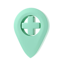 3d image medicine geotag icon. Medical cross company enterprise. Map turquoise tag transparent. Location of hospital. Geographic coordinates of pharmacy