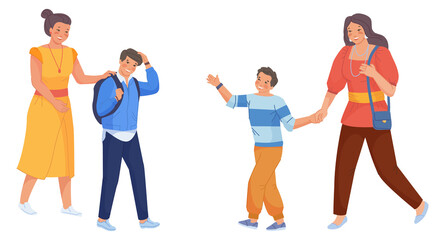 Obraz premium Happy mothers with boys going to school. Classmates characters