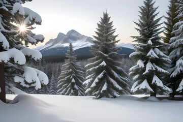 A snow-covered landscape with evergreen trees