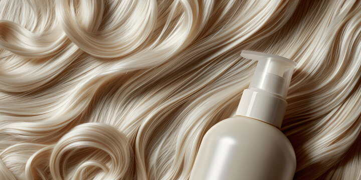 Luxurious Hair Care Product blank container mockup on Glossy total Blonde Hair background, copy space. Hair serum bottle, package design template.