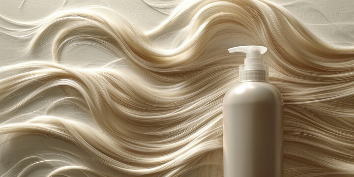 Luxurious Hair Care Product blank container mockup on Glossy total Blonde Hair background, copy space. Hair serum bottle, package design template.