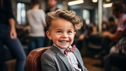 Happy hipster child boy in barbershop with fashion haircut, background barber shop