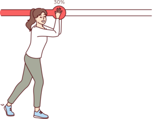 Woman moves progress bar slider with hands to speed up downloading file from internet or achieving goal. Girl develops strong character and ambition, happily moving forward towards goal